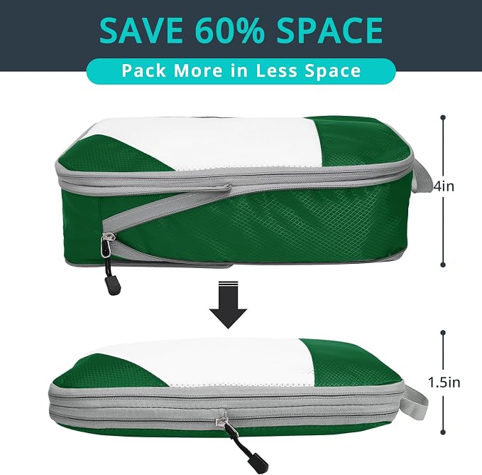Compression Packing Cubes 6 Set, Compressible Space-Saving Packing Cubes for Travel - Compression Bags, Luggage Organizer, Travel Essentials for Women, Dark Green - Image 2