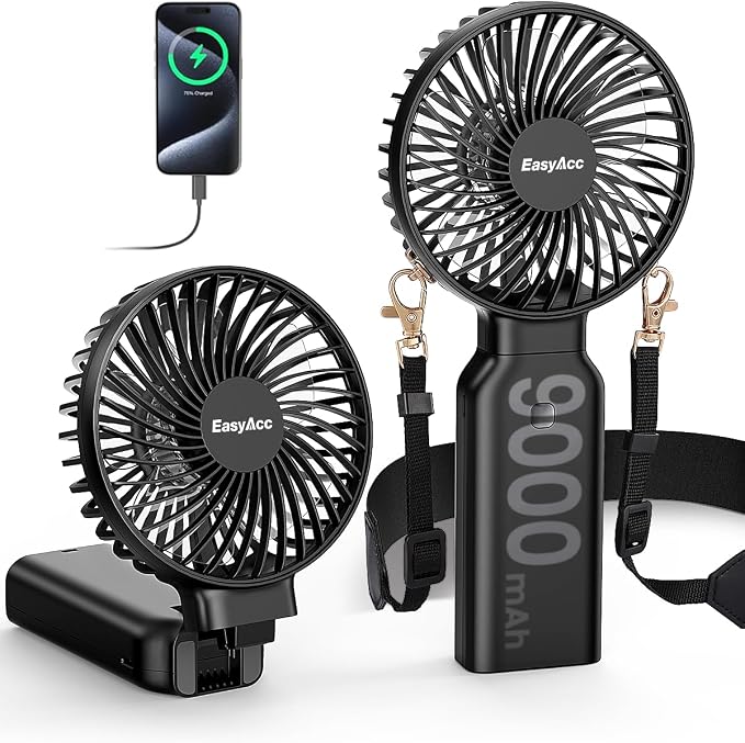 EasyAcc Portable Handheld Fan, 9000mAh + 53H Cooling Time+ ODM Durrable + with Hands-Free Camera Strap + Backup Power + 4 Speeds, Rechargeable Handheld Fan for Travel Outdoor by EasyAcc