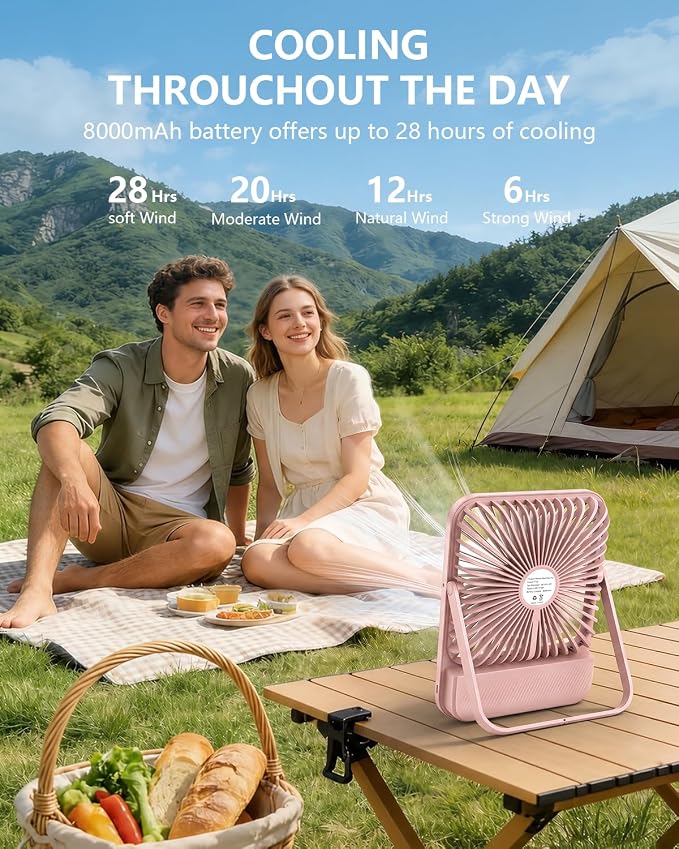 8000mAh Pink Portable Travel Fan with Timer&Ligh,Up to 28H Runtime | 7in,Ultra-Thin,LED Display,<42dB Quiet Operation,cruise approved,4 Speeds Wind,Rechargeable Battery Fan for hotel office - Image 7