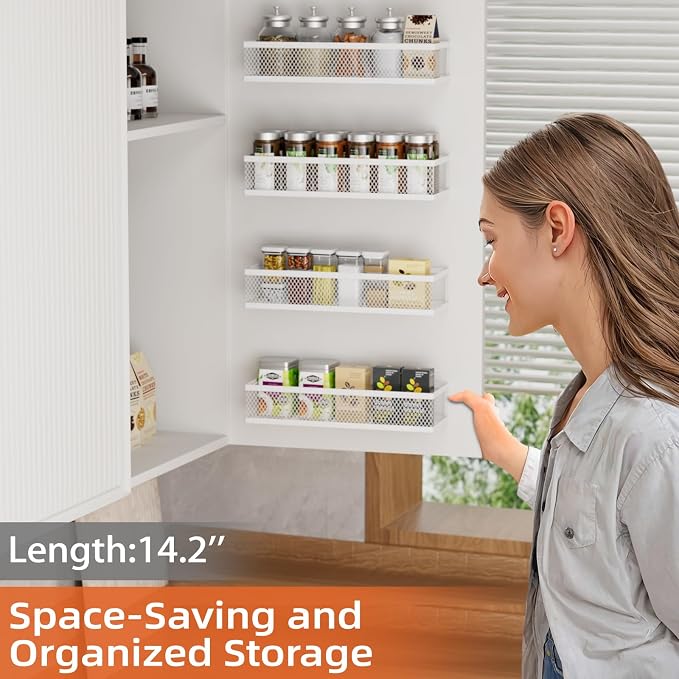 Spice Rack Wall Mount, 4 Pack Wall Spice Rack & Hanging Storage Baskets Organizer Wall Mount, Large Capacity Metal Spice Shelf for Kitchen Cabinet, Pantry Doors, Bathroom, Shower, Home Decor - Image 2