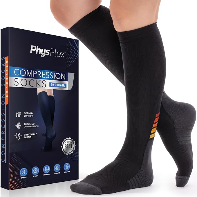 Compression Socks for Women & Men 20-30 mmHg – Circulation Support for Nurses, Travel, Flight, Running & Everyday Wear by PhysFlex