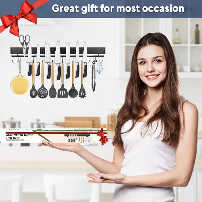 23 inch magnetic knife holder with 15 hooks, No Drilling black knife magnetic strip and utensil hanger for wall, Powerful knife magnet rack include tape and screws - Image 6