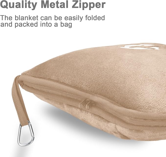 Travel Blanket and Pillow Compact, Premium Soft 2 in 1 Airplane Blanket with Soft Bag Pillowcase，Hand Luggage Sleeve and Backpack Clip (Brown) - Image 4