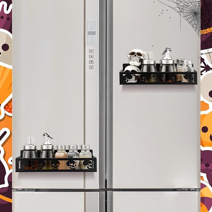 Beeveer 2 Pcs Magnetic Spice Rack for Refrigerator, Black Skull | Halloween Gothic Kitchen Decor, Spooky Home Accessories, 2 Sizes Metal Storage Shelf for Fridge Spices, No Drilling - Image 7