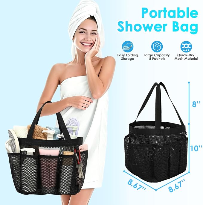 Fammart Mesh Shower Caddy Portable for College Dorm Room Essentials, Odorless Polyester Large Shower Tote Bag with Dual Handles, 8-Pocket Quick-Dry Toiletry Organizer for Travel, Beach, Camping, Gym - Image 4