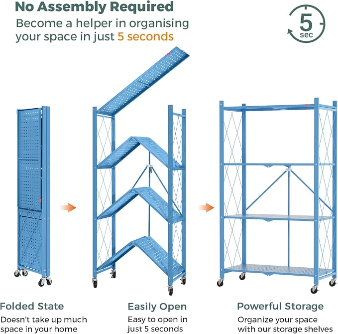 DEANIC 4 Tier Foldable Storage Shelves with Wheels, Large Capacity Shelving Unit, Freestanding Metal Wire Shelf Rack, No Assembly Organizer Rack for Garage Kitchen, Basement, Pantry(Blue Pack of 2) - Image 4