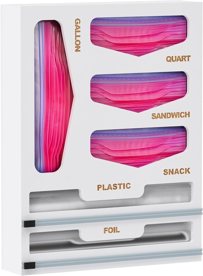 DALSHABET Bamboo Bag Organizer with Magnetic Closure, 6 In 1 Kitchen Drawer Foil and Plastic Wrap Dispenser with Cutter, Storage bag for Gallon, Quart, Sandwich, Snack White by DALSHABET