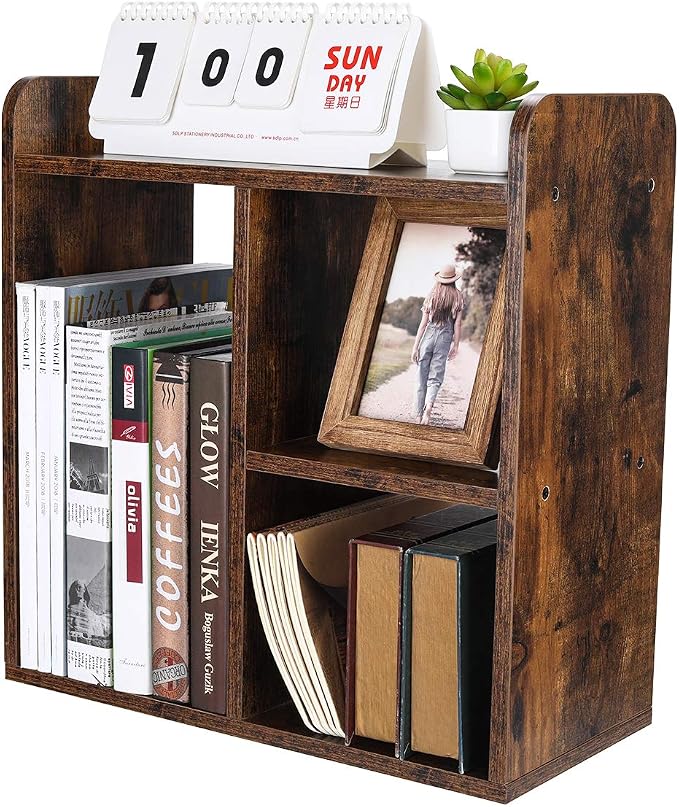 Desktop Shelf Freestanding Wood Small Bookshelf Desk Supplies Organizers and Accessories Storage Display Rack Office Decor for Women, Antique Brown - Image 4