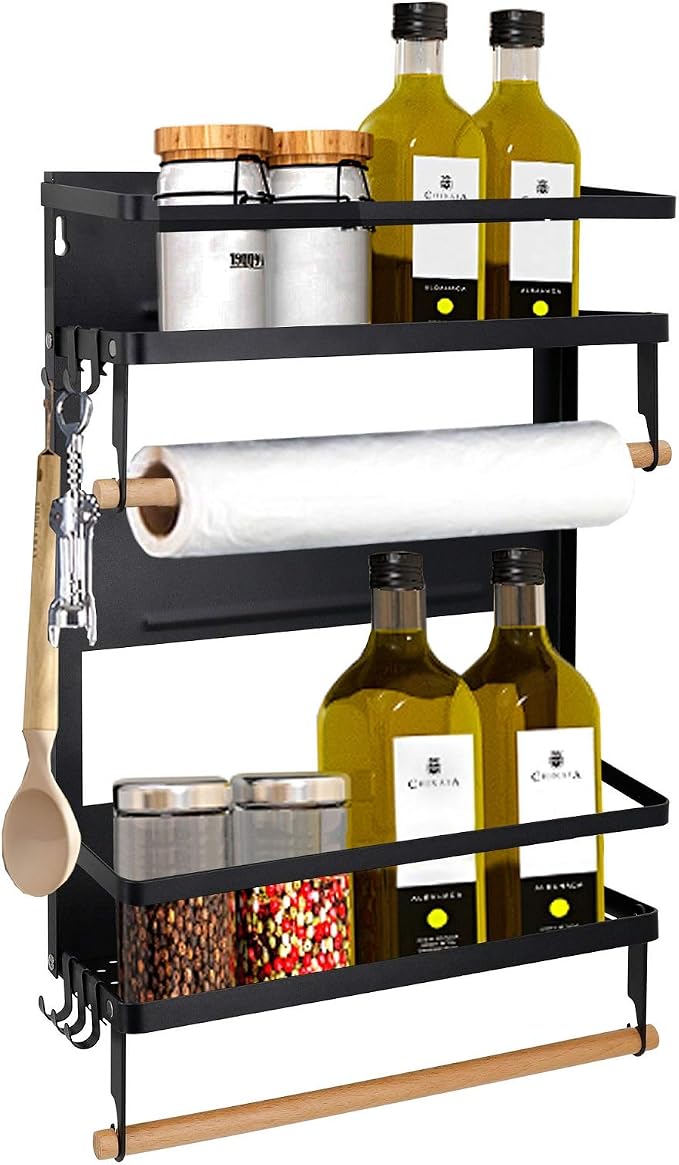 Jolitac Magnetic Fridge Spice Rack- Space Saving Organizer Black Shelf on Refrigerator, Kitchen Paper Towel Holder, Foldable Design (Black-Large) by Jolitac
