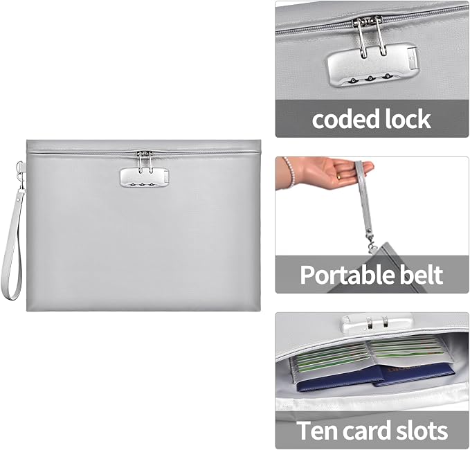 Fireproof Document Bag with Lock,Waterproof Money Pouch,14.3"x10.2" | Zipper Closure, Portable Safe Storage for Letter Size Files, Cash, Cell Phone, Tablet, Credit Card, Passport, Gray - Image 5