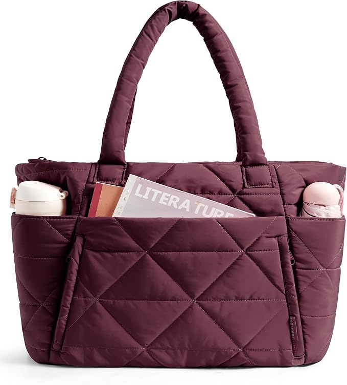 BAGSMART Tote Bag for Women, Puffer Tote Bag with Zipper, Large Quilted Shoulder Bag with Compartments for Travel, Work, Gym by BAGSMART