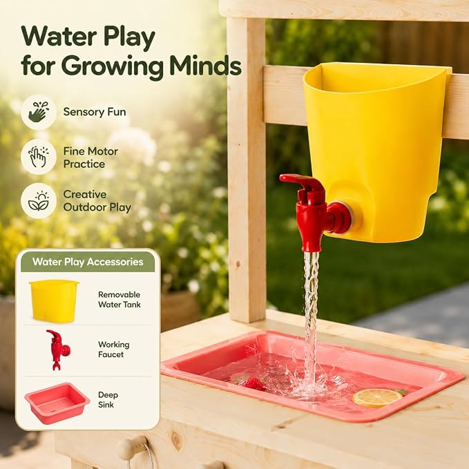 Kids Wooden Mud Kitchen Outdoor Playset, Solid Wood Backyard Pretend Kitchen with Working Faucet, Sink, Cutting Board, Planting Cups, Toy Cookware, Magnetic Cabinet Door and Storage Shelf - Image 4