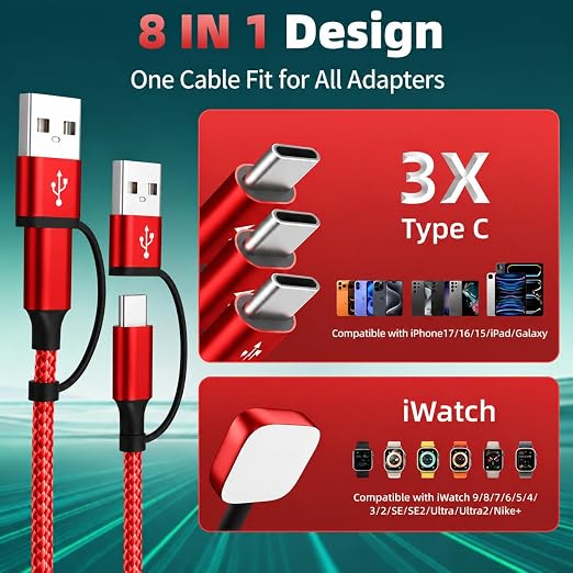 Multi Charging Cable for Multiple Devices with 3Type-C/iWatch Charger, 5FT | Nylon Braided USB C/A Cable, Universal Multiple Phone Charger Cord for iWatch Ultra/11-2, Android, Car, Travel Essentials - Image 3