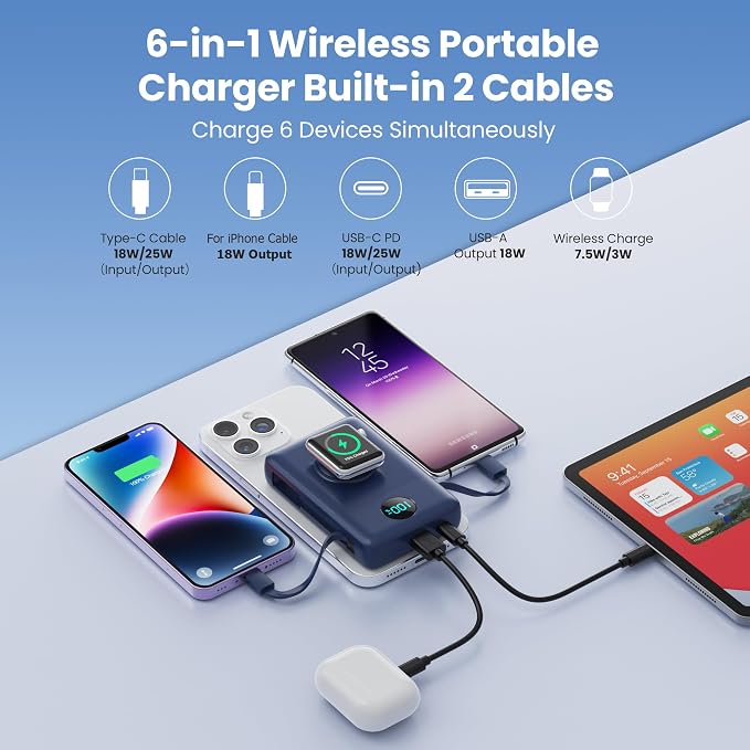 Magnetic Portable Charger 10800mAh with Built-in Cables,Wireless Power Bank for Magsafe,25W PD Fast Charging USB-C Travel Essentials Battery Pack for iPhone 17/16/15/14/13/12 Series,Apple Watch-Blue - Image 7