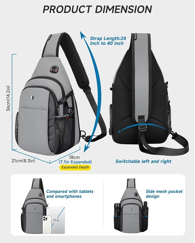 Expandable Sling Bag for Men, Anti-Theft Chest Pack with Water Bottle Pocket & Earphone Port, Crossbody Backpack for Hiking, Travel & Outdoor, Fits Switch 2, 11 Inch iPad, Grey | Mens Crossbody Bag - Image 4