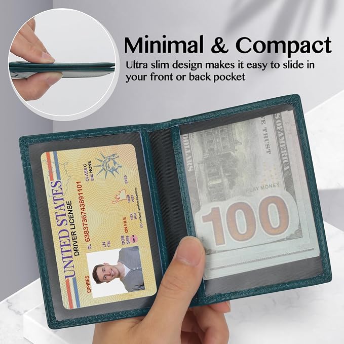 Unaone Slim Minimalist Wallet - Premium Leather RFID Blocking Front Pocket Wallets with 8 Card Slots and 2 ID Window, Drak Green - Image 6