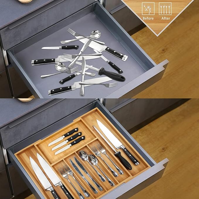 VaeFae Bamboo Drawer Organizer, Large, Natural | Expandable Silverware Organizer, Kitchen Utensil Storage, Wooden Cutlery Tray with Dividers, Fork and Spoon Holder - Image 5
