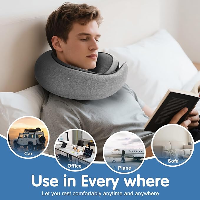 Travel Neck Pillow, Memory Foam Neck Support for Airplane, Car & Office, Breathable Portable Design with Eye Mask, Earplug Holder & Carry Bag, for Men&Women - Image 4