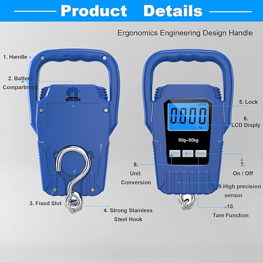 Digital Fish Scale Hanging Scale Fishing Scale,110lb/50kg Luggage Scale,Upgrade Large Handle & Backlit LCD Display, Electronic Balance Digital Fishing Postal Scale,Blue,Fishing Gifts for Men - Image 4
