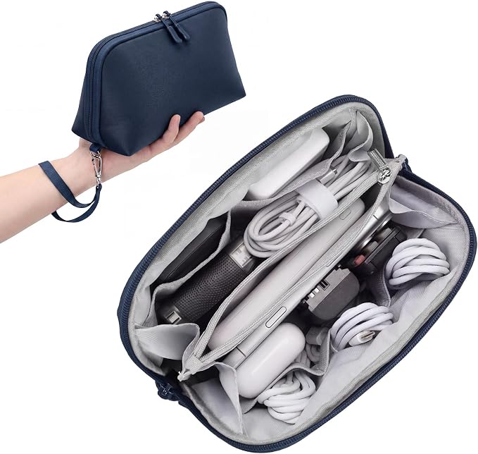 FYY Travel Cable Organizer - 8 Compartments, Lightweight, Water Repellent | With Wrist Strap, Portable Tech Pouch for Cord Charger, Travel and Business Trips Use, Soft Shell Nylon, Navy (Large) by FYY
