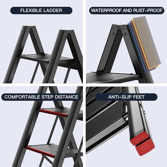 4 Step Ladder, Folding Step Stool with Anti-Slip Wide Pedal | Lightweight, Aluminum Material, 330LBS Load, Portable, Easy Storage, Space Saving, for Kitchen, Bedroom Use, Black - Image 3