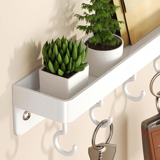 niffgaff White Key Holder Wall Mount, Stainless Steel Self Adhesive Hooks Rack with Shelf, No Drill Key Hanger for Door and Wall - Image 4