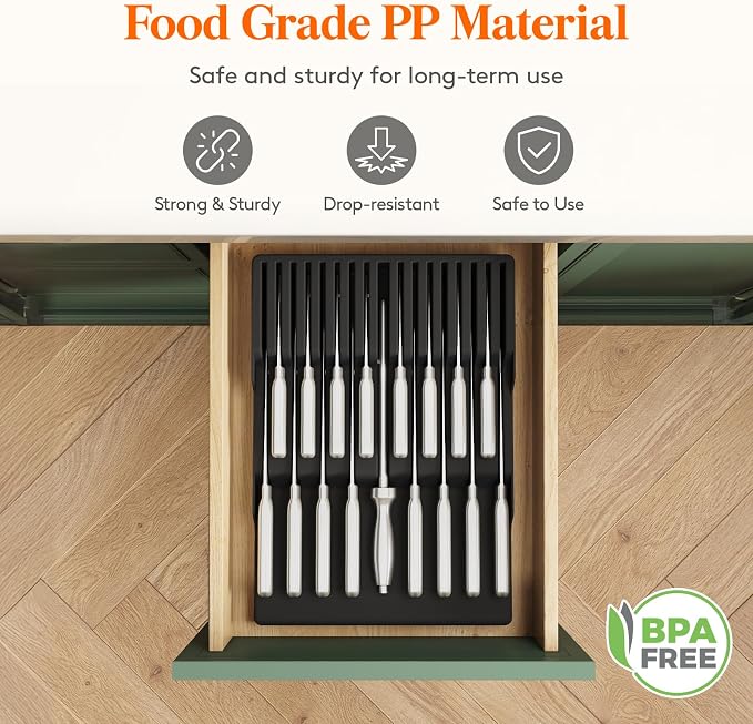 Lifewit Magnetic Drawer Knife Organizers Insert Pastic for 16 Knives, Black | Kitchen Plastic In Drawer Knife Block Slots, Steak Chefs Knives Holder Storage for 16 Knives and 1 Sharpening Steel 16.5" - Image 7