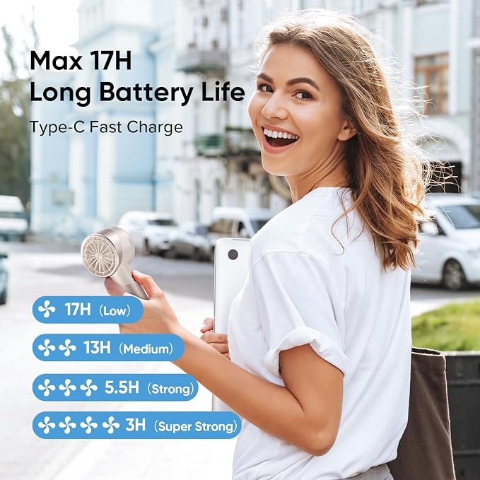 AMACOOL Portable Handheld Turbo Fan, 4 Speeds Wind with Cool Metal Body, 17Hrs Runtime Rechargeable Battery Personal Fan, Mini Pocket Fans for Girl Woman Man Travel Makeup Camping Outdoor-Beige | Gifts for Mom Her Women Girl, Cool Metal Body, Mini Pock... - Image 4