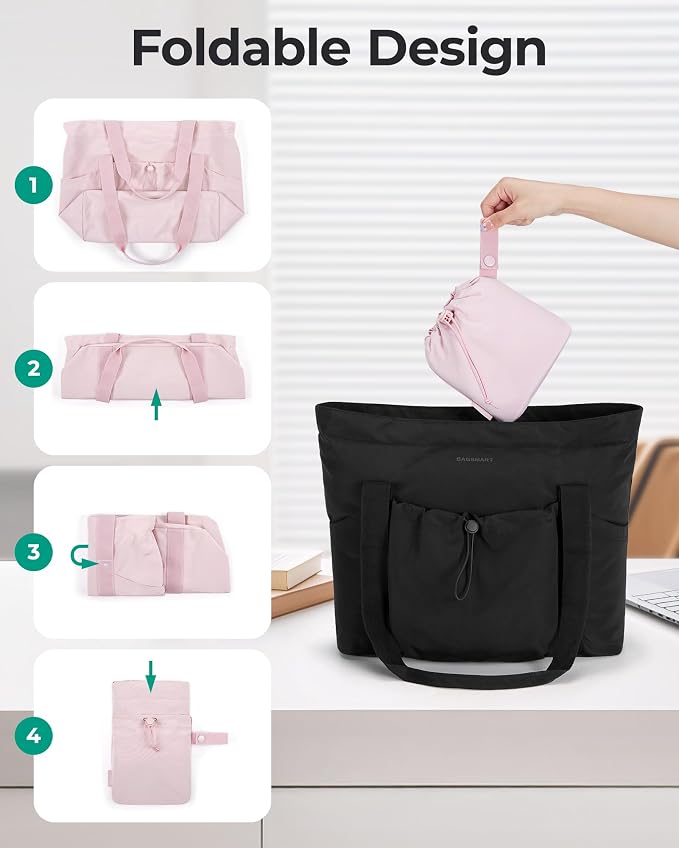 BAGSMART Foldable Tote Bag with Drawstring Bag, Tote Bag Shoulder Bag Top Handle Handbag for Travel, Work, Beach, Gym - Image 4