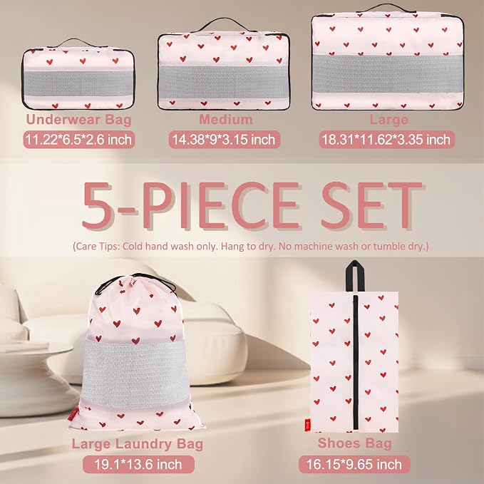 U+U 5 Set Packing Cubes, Travel Organizers with Shoe Bag (Sweetheart Pink) | Ultralight Design & Easy Travel Organization - Image 3