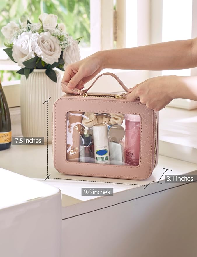 Clear Makeup Case Set Pink Toiletry Bag Travel Large Clear Cosmetic Bag with Zipper, Big Make Up Bag Organizer Women Traveling TSA Approved Transparent Bag Car for Essentials | Structured Mahjong Tile Bag with Zipper and Handle, Big Long-trip Cosmetic ... - Image 3