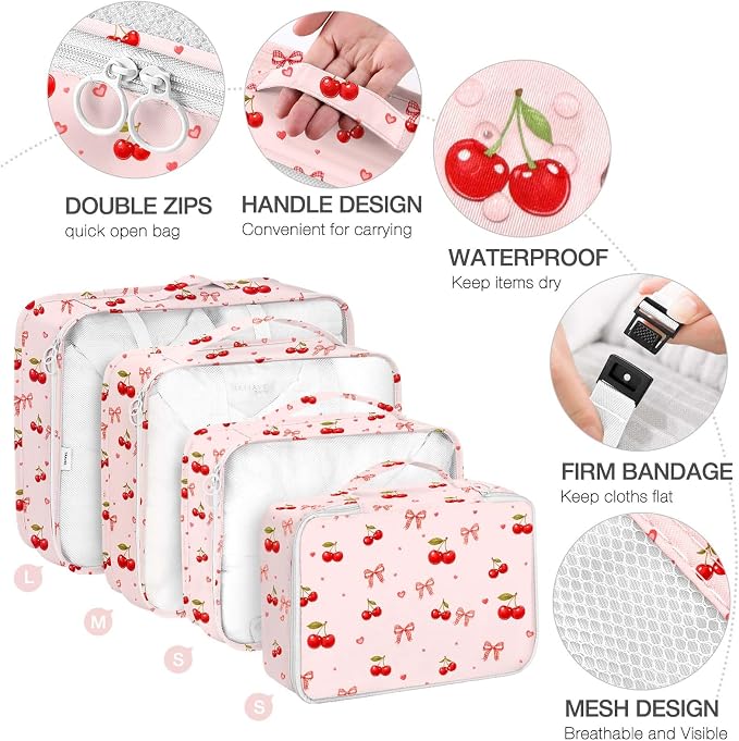 Packing Cubes for Travel,8 Set Luggage Organizer Bags with Mesh Top Panel, Lightweight Suitcase Organizers for Carry On, Family Vacation, Business Trip(Cherry Bows) - Image 3