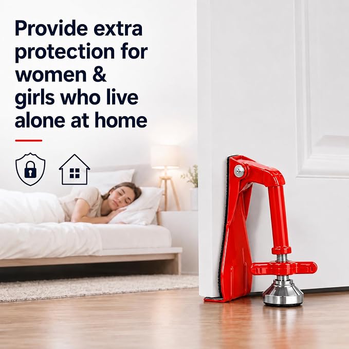 Portable Door Stopper Door Lock for Travel Anti Theft Door Blocker, Security Door Stoppers for Bottom of Door, No Drill Safety Doors Stopper Hotel Door Locks for Travelers Security (Red) - Image 2