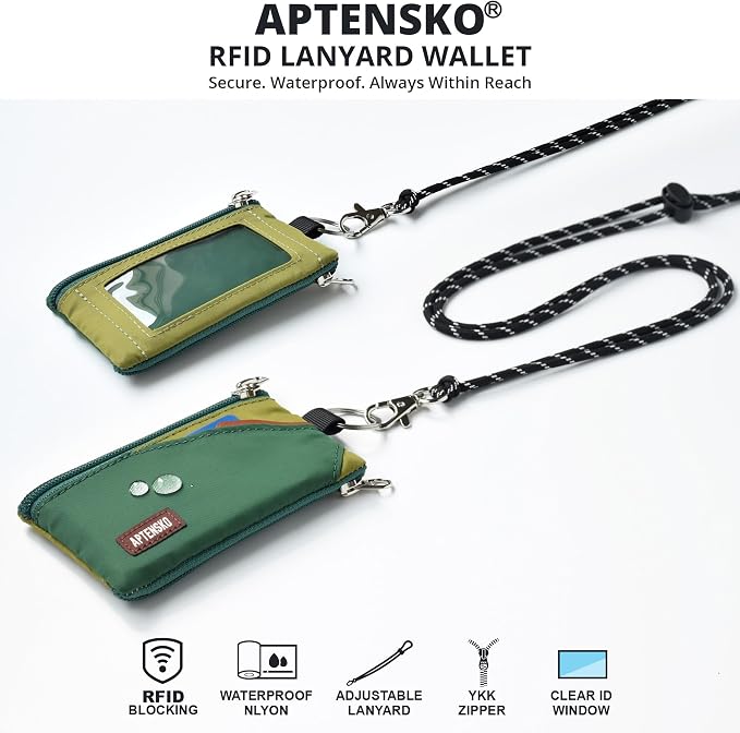 RFID Blocking Travel Wallet with Adjustable Lanyard, Small Nylon Zipper Pouch and Badge Holder for ID, Credit Cards, Cash, Keys, Commuters (ForestGreen+OliveGreen) - Image 2