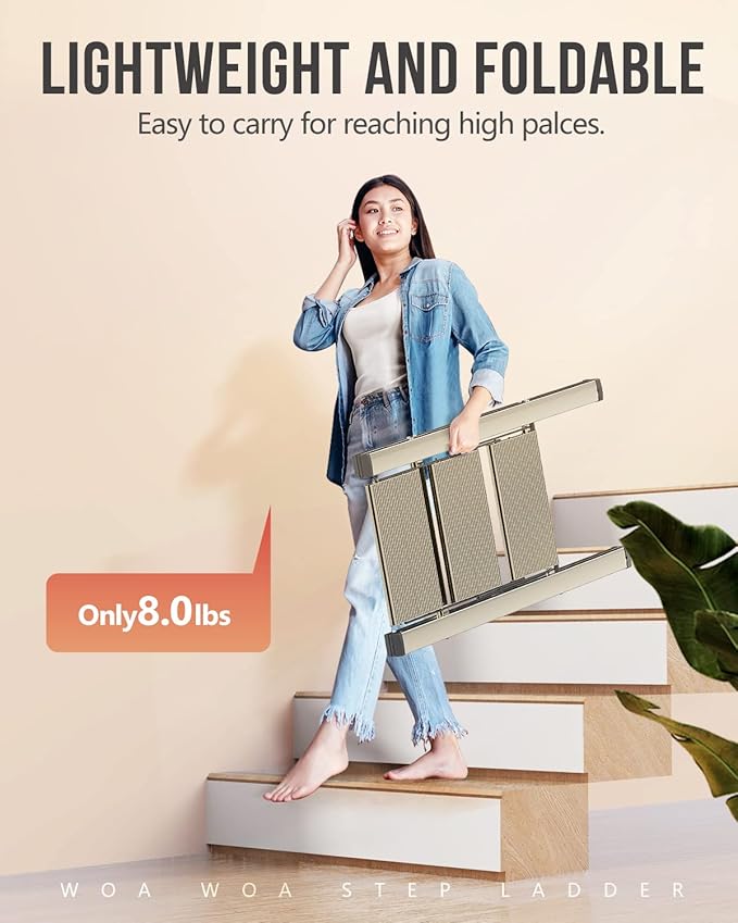 Aluminum 3 Step Ladder, Foldable Step Stool, 300lbs Load, Gold | Folded 35''H x 2''T; Net 7.99 lbs; Rigid Aluminum Steps; No Assembly; For Home, Kitchen, Office, Pantry, Closets, Cabinets - Image 2