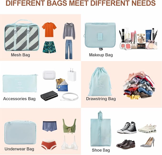 Packing Cubes for Travel, 8 Set Luggage Organizer Bags Travel Cubes for Packing Compression Luggage Cubes for Suitcase Carry on Travel Essentials with Laundry & Toiletry Bag (blue) - Image 4