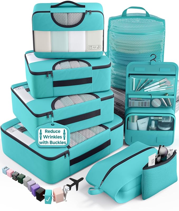 Veken 8 Set Packing Cubes for Travel Essentials, Suitcase Organizer Bags in 4 Sizes, Carry-On Luggage Accessories with Laundry Bag, Airplane Must Have with 99-Count Mesh Holes by Veken