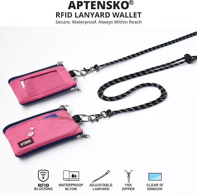 RFID Blocking Travel Wallet with Adjustable Lanyard, Small Nylon Zipper Pouch and Badge Holder for ID, Credit Cards, Cash, Keys, Commuters (Rose Pink) - Image 2