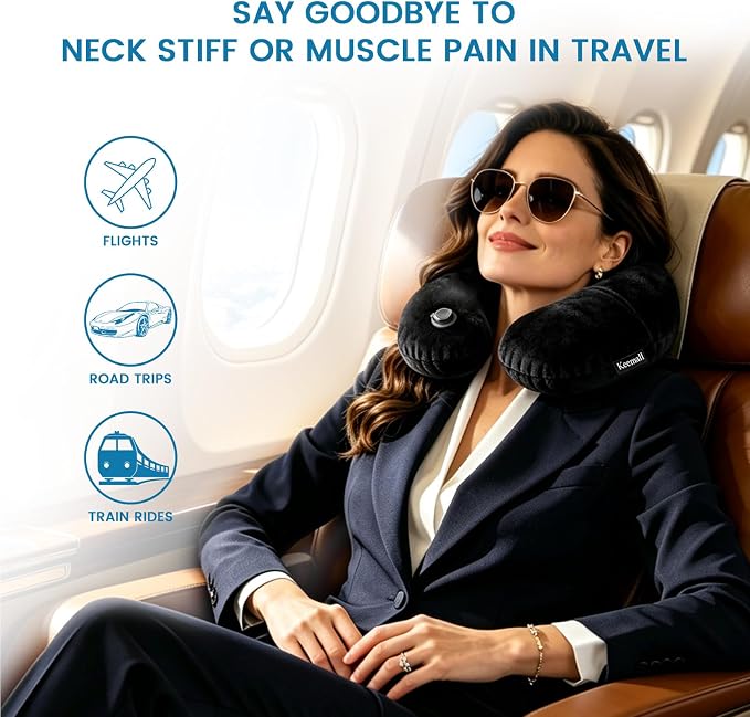 Keemall Inflatable Travel Neck & Shoulder Pillow for Airplanes & Long Trips | Ergonomic Portable Cushion Relieves Neck Pain, Quick Inflation & Deflation,for Long Flights & Business Travel, Premium Black - Image 6