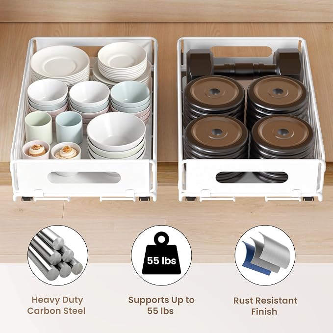 2 Pack Pull Out Cabinet Organizer, Heavy Duty Slide Out Drawer with No Drill Adhesive or Screw Mount, Carbon Steel Roll Out Shelf for Kitchen Cabinet, Pantry & Bathroom Storage - Image 5