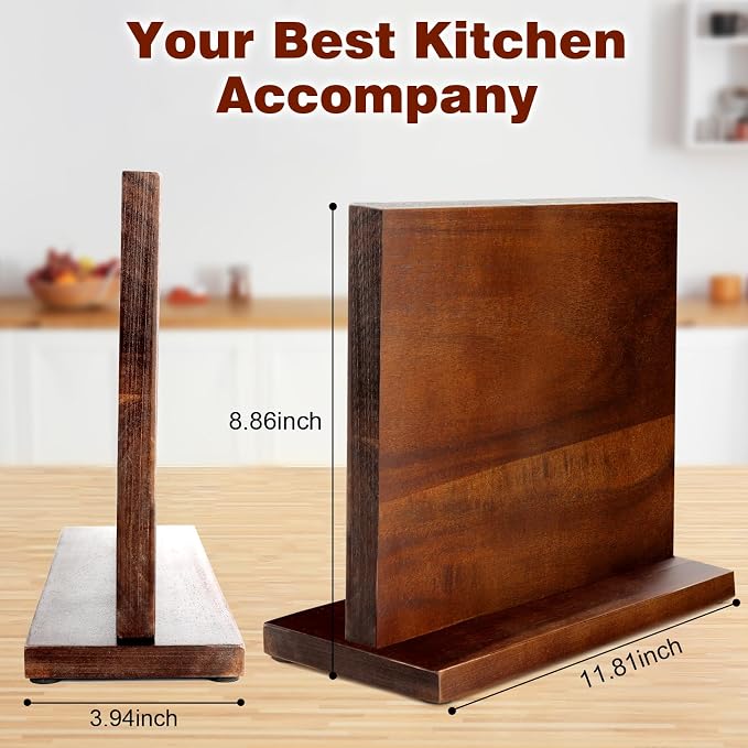 Magnetic Knife Block Double Sided Magnetic Knife Holder Rack with Strong Enhanced Magnets Acacia Wood Magnetic Knife Storage Stand-Dark Brown - Image 3