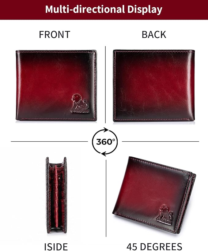 Men's Cowhide Leather RFID Wallet, Slim Bifold (Red) | 2 Clear ID Windows, 10 Card Slots, Zipper Coin Pocket, Gradient Finish for Business, Travel, Daily Carry and Gifts - Image 8