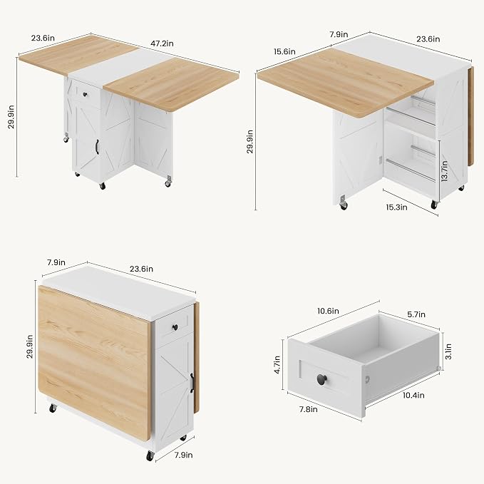 Jocoevol Folding Dining Table for Small Spaces, Foldable Kitchen Table with Drawer, 2-Tier Storage Shelf & Wheels, Space Saving Dining Table for 2 4, Farmhouse, (Natural 47.2" x 23.6" x 29.5") - Image 2
