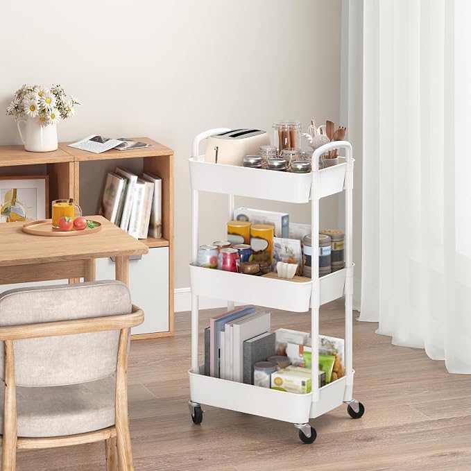 Sywhitta 3-Tier Plastic Rolling Utility Cart with Wheels for Storage,White | Multi-Functional Storage Trolley, for Office, Living Room, Kitchen, Bathroom,Movable Organizer,Space-Saving,Easy to assemble - Image 3