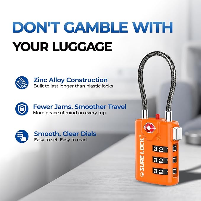 SURE LOCK TSA Approved Combination Luggage Locks with Open Alert Indicator – Durable Zinc Alloy Cable Travel Locks with Large Easy-Read Dials for Suitcases, Backpacks & Gym Bags Orange 4 Pack - Image 7