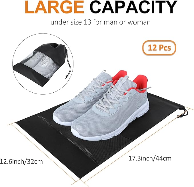 YAMIU 12PCS Shoe Bags for Travel - Large Dustproof Drawstring Shoes Pouch Packing Organizers for Men & Women, Black - Image 2