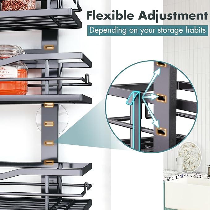 Eastherry Over The Door Pantry Organizer，9-Tier Over The Door Organizer with Adjustable Basket，Metal Hanging Pantry Organizers and Storage for Kitchen, Back of Door Seasoning Rack (Black) - Image 5