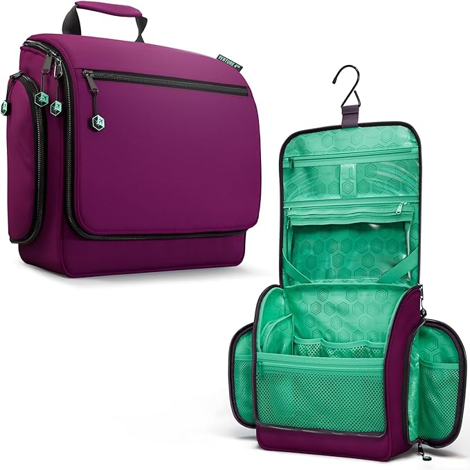 VENTURE 4TH Hanging Travel Toiletry Bag, 18 Compartments - Purple/Mint | Hangs on rails, hooks or doors; stands upright. Removable TSA pouch. Water-resistant Nylon 290D Twill, reinforced stitching. by VENTURE4TH