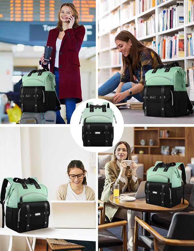 FALANKO Laptop Backpack for Women,College Work Teacher backpack for 15.6 Inch laptop,Travel Anti Theft Laptops Backpack RFID, Shoulder Purse Bags Green Black - Image 6