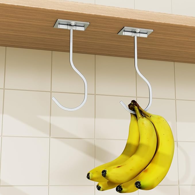 2-Pack Self Adhesive Banana Hook, Metal Banana Hanger Hook,Under Cabinet Hook For Bananas Or Kitchen Items, Foldable Banana Hook, Folds Up With Magnets When Not In Use, Keep Bananas Fresh, Silver | Foldable Banana Hanger, Metal Banana Holder, Hold 20 B... - Image 7